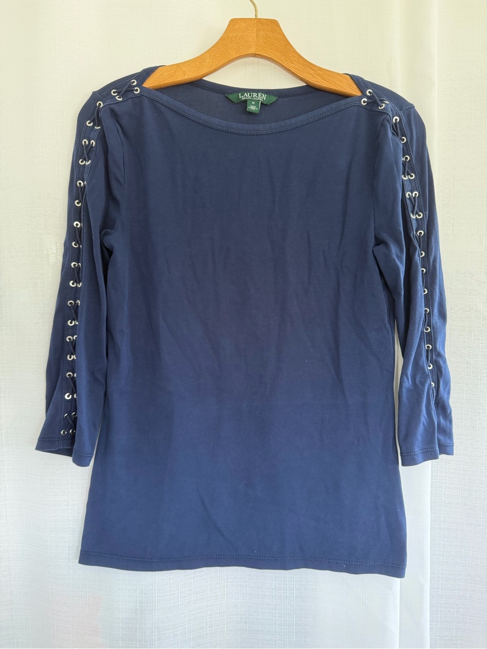 Lauren Ralph Lauren Navy Lace-Up Sleeve Top Size M Classic Heritage Y2K